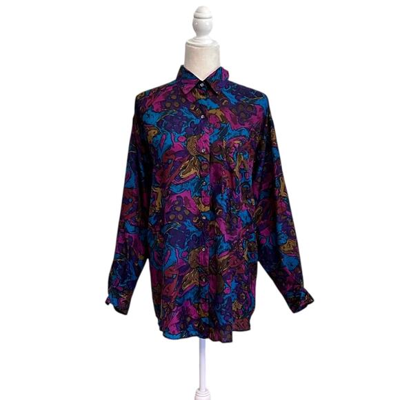 Vintage 90s Silk Abstract Print Button Up Shirt Sz Med Jay Jacobs Tunic Length - Picture 1 of 7